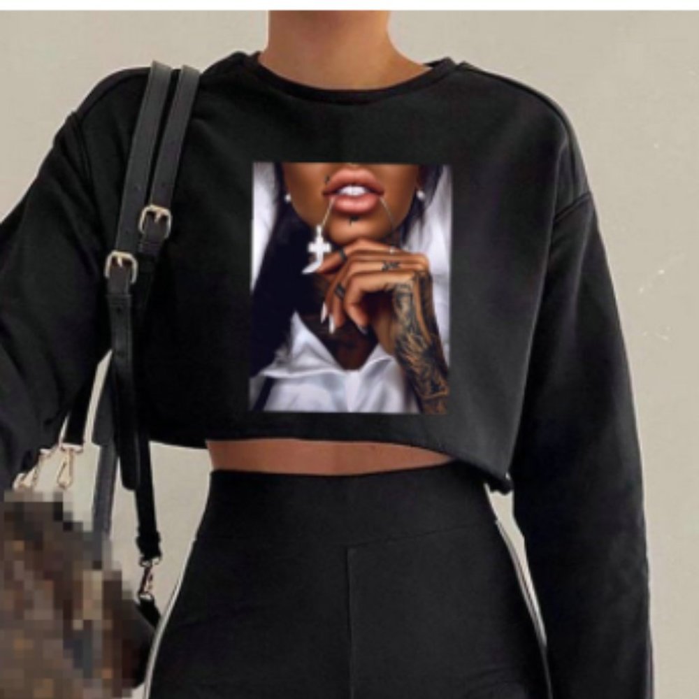 Personality Human Pattern Print Crop Pullover